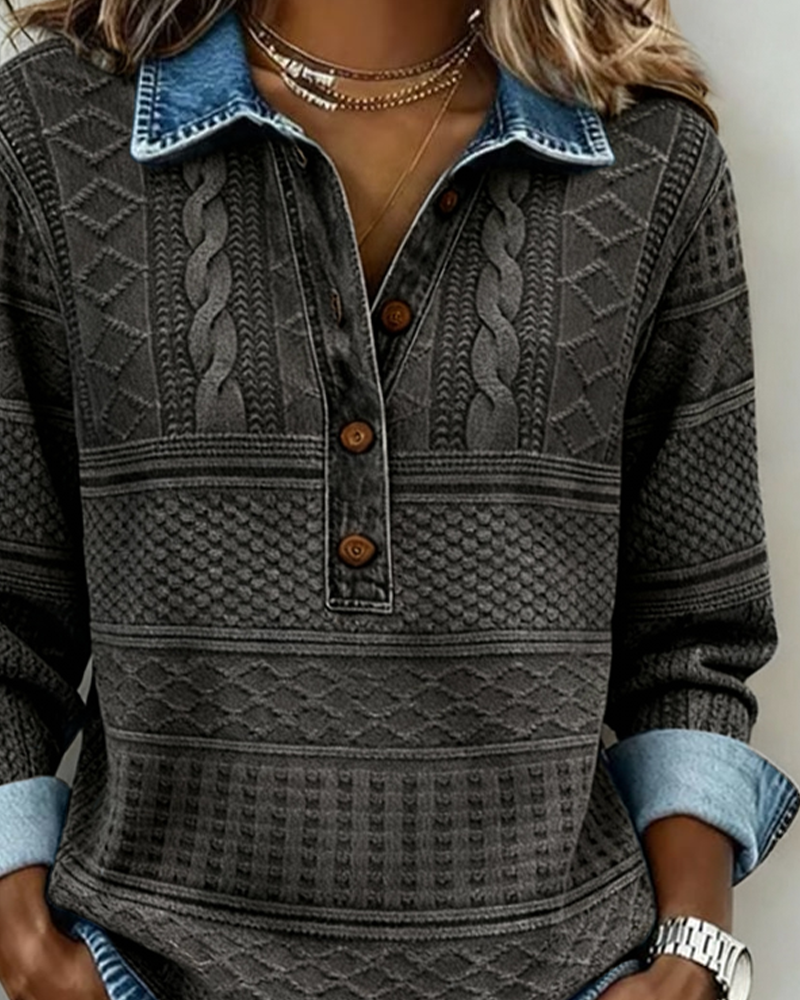 Women's textured collared knit jumper with long sleeves and button placket