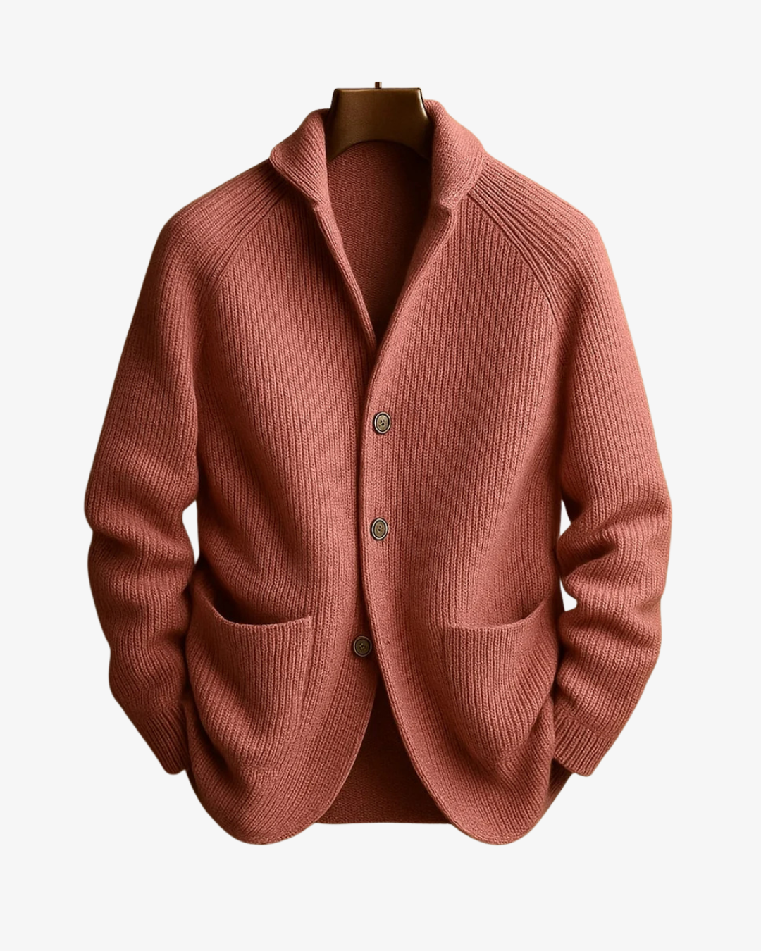 Ribbed knit cardigan with shawl collar, button front and patch pockets