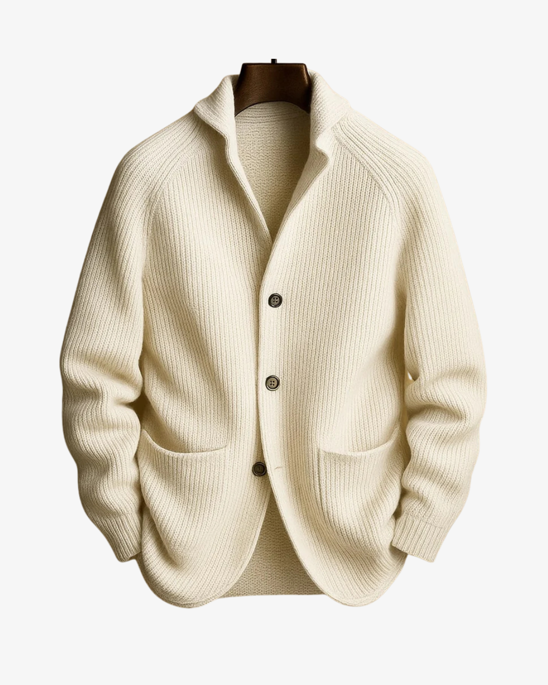 Ribbed knit cardigan with shawl collar, button front and patch pockets