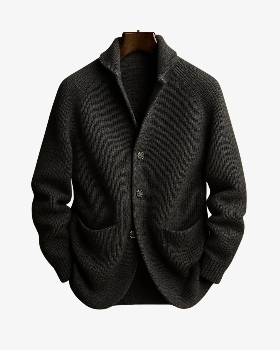 Ribbed knit cardigan with shawl collar, button front and patch pockets