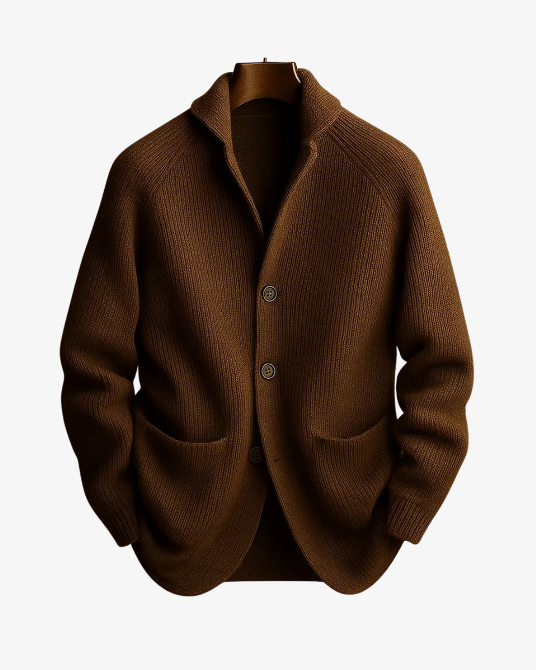 Ribbed knit cardigan with shawl collar, button front and patch pockets