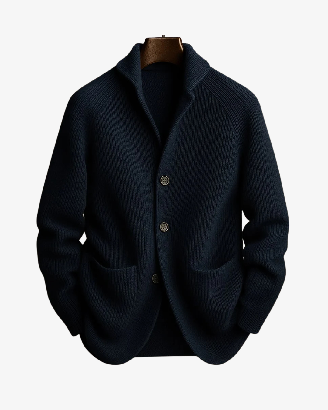 Ribbed knit cardigan with shawl collar, button front and patch pockets