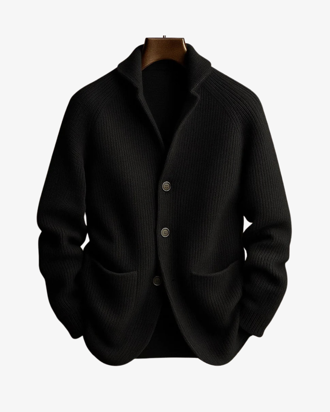 Ribbed knit cardigan with shawl collar, button front and patch pockets