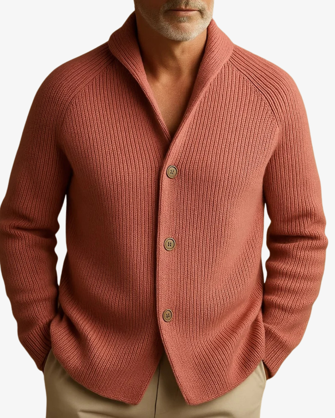 Ribbed knit cardigan with shawl collar, button front and patch pockets