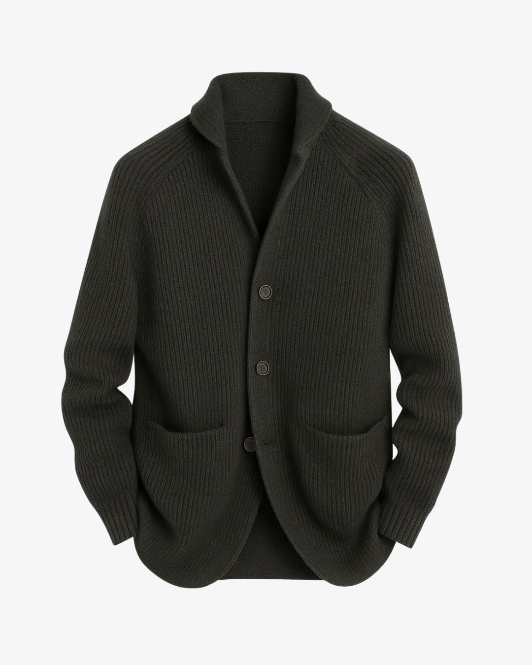 Ribbed knit cardigan with shawl collar, button front and patch pockets