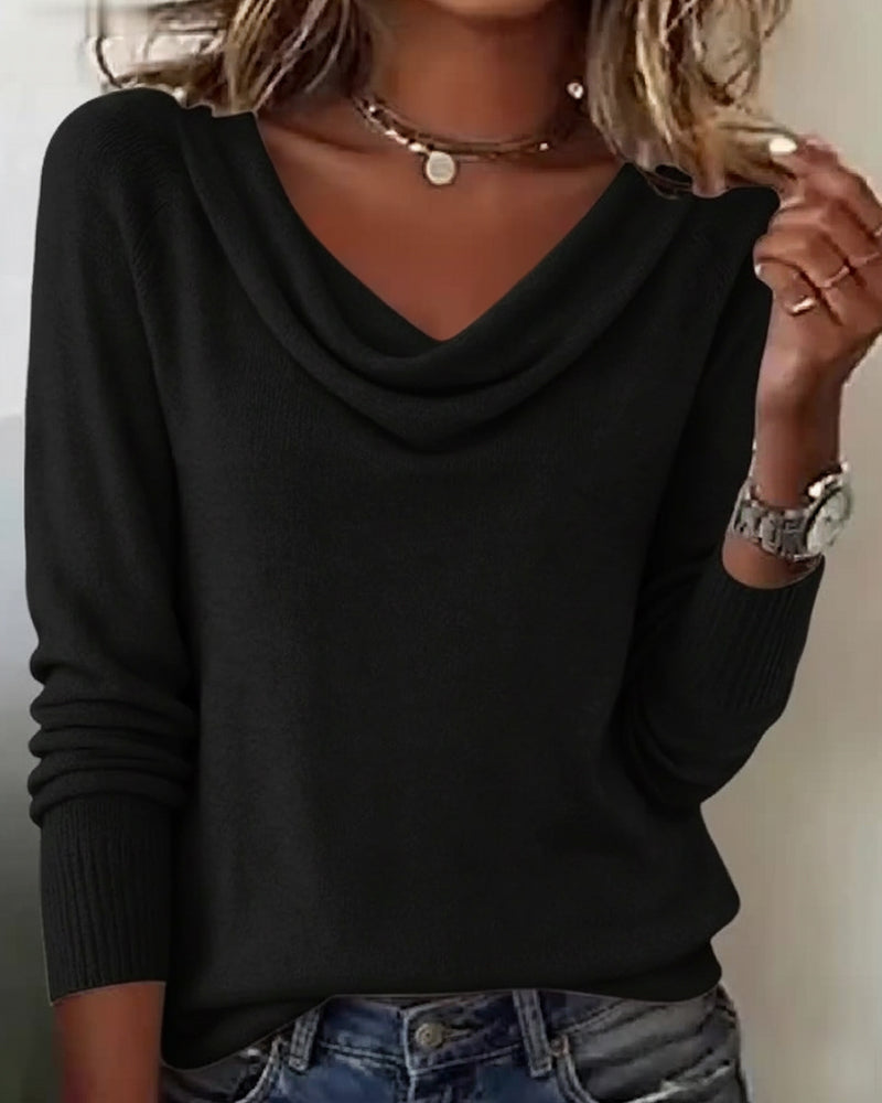 Women's plain cowl neck knit sweater with long sleeves and ribbed cuffs