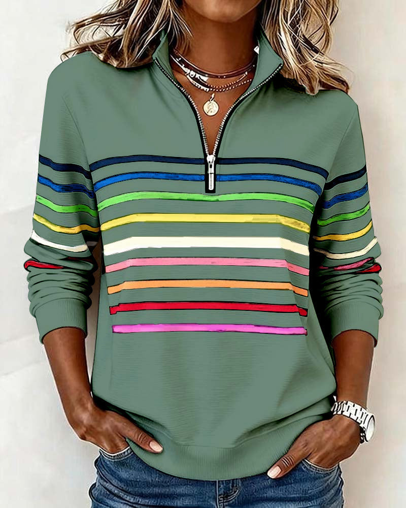 Women's striped quarter-zip sweatshirt with mock neck and long sleeves