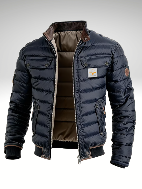 Men's navy quilted padded jacket with stand collar and zip fastening