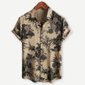 Men's beige short sleeve shirt with dark floral botanical print