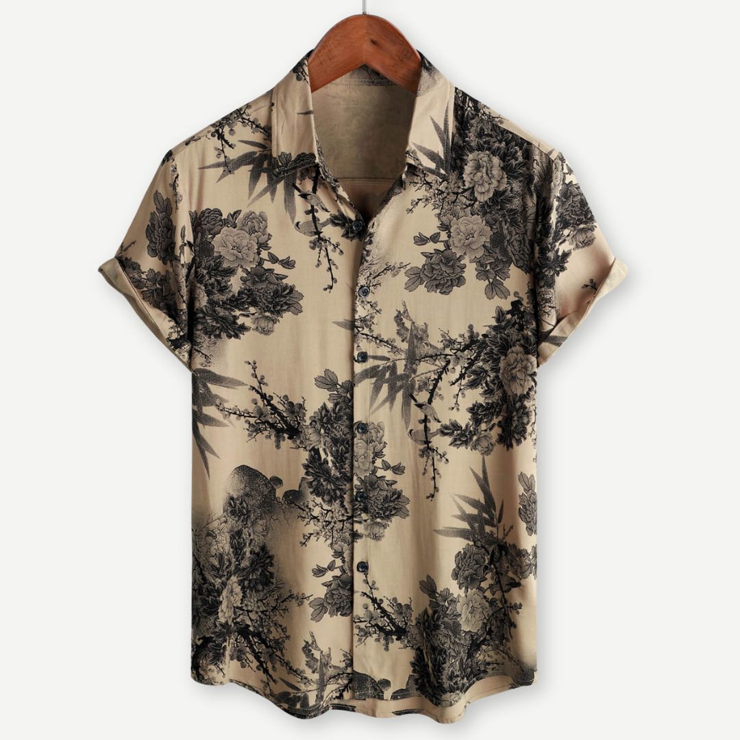 Men's beige short sleeve shirt with dark floral botanical print