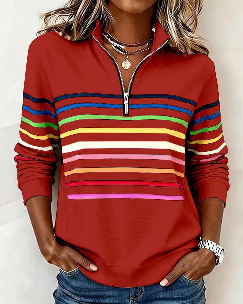 Women's striped quarter-zip sweatshirt with mock neck and long sleeves