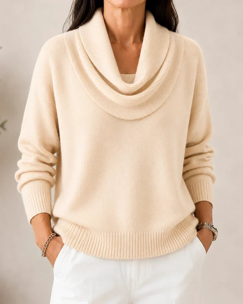 Women's long-sleeve cowl-neck knit jumper with ribbed cuffs and hem