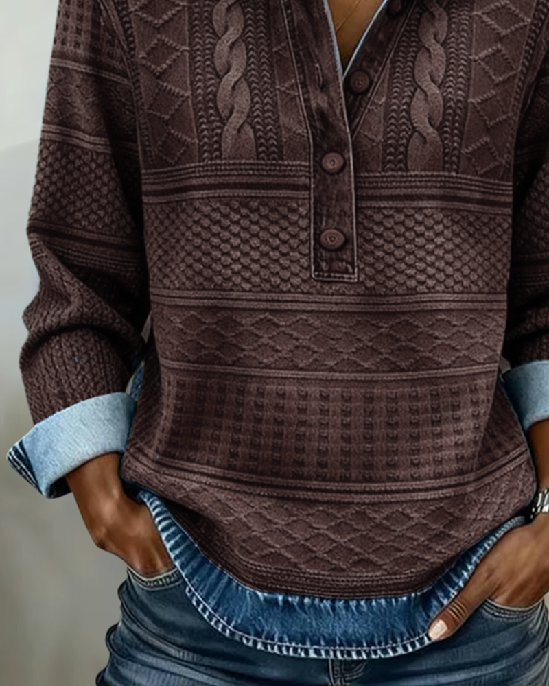 Women's textured collared knit jumper with long sleeves and button placket