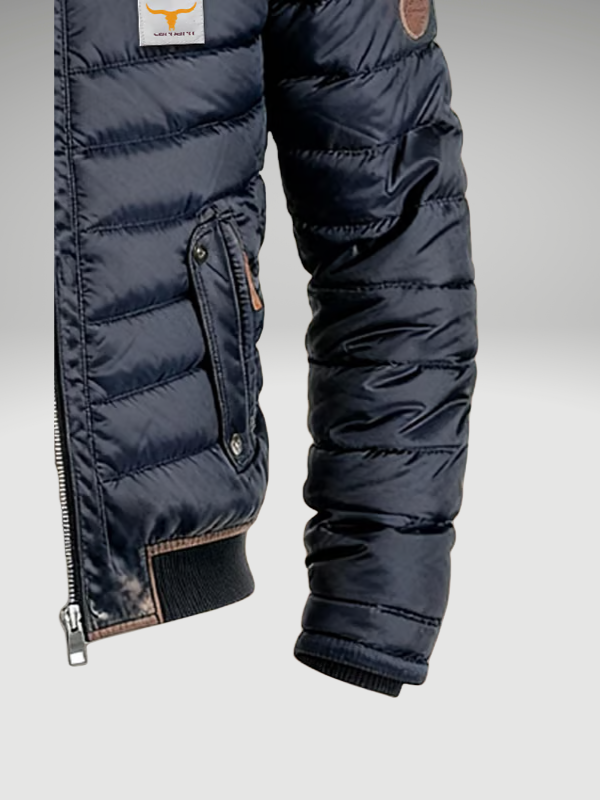 Men's navy quilted padded jacket with stand collar and zip fastening