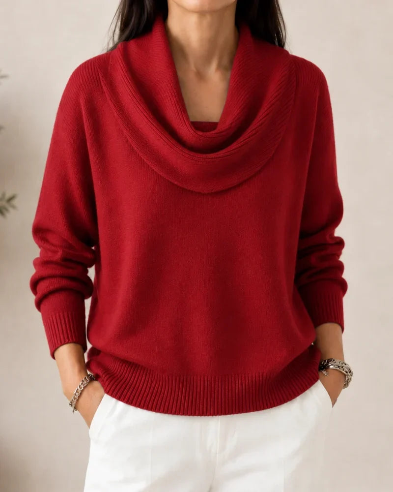 Women's long-sleeve cowl-neck knit jumper with ribbed cuffs and hem