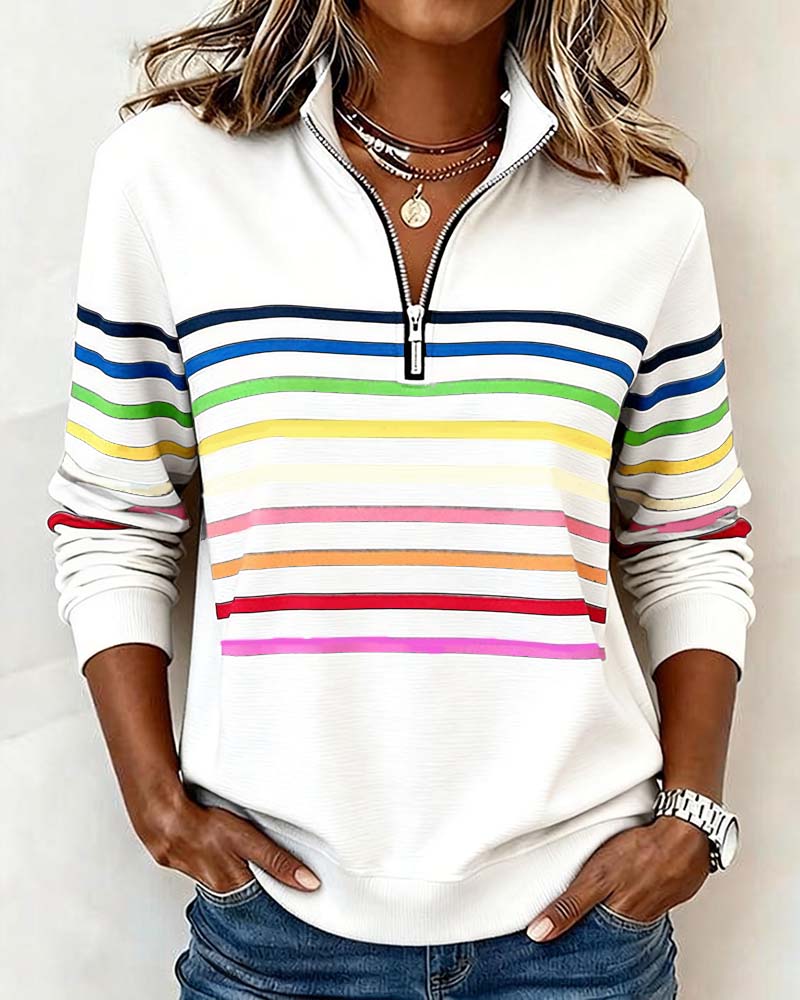 Women's striped quarter-zip sweatshirt with mock neck and long sleeves