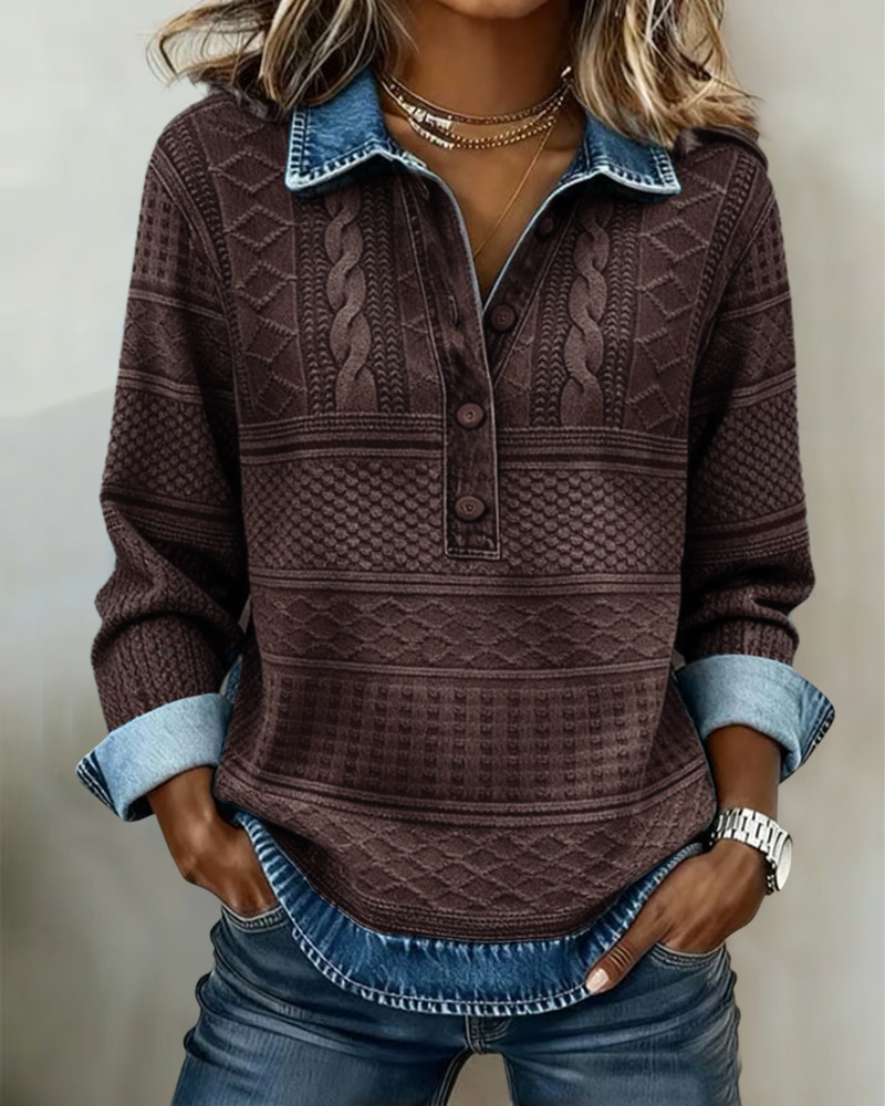 Women's textured collared knit jumper with long sleeves and button placket