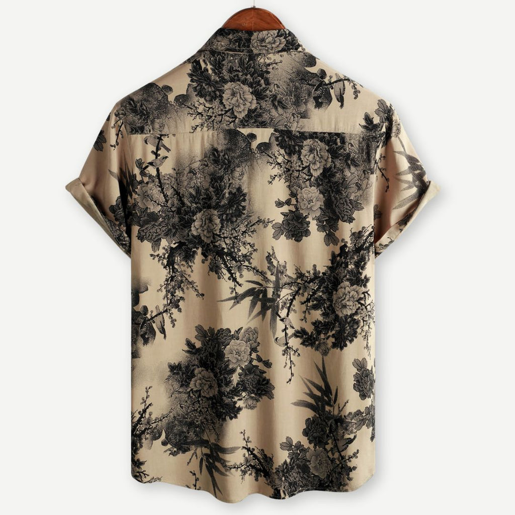 Men's beige short sleeve shirt with dark floral botanical print