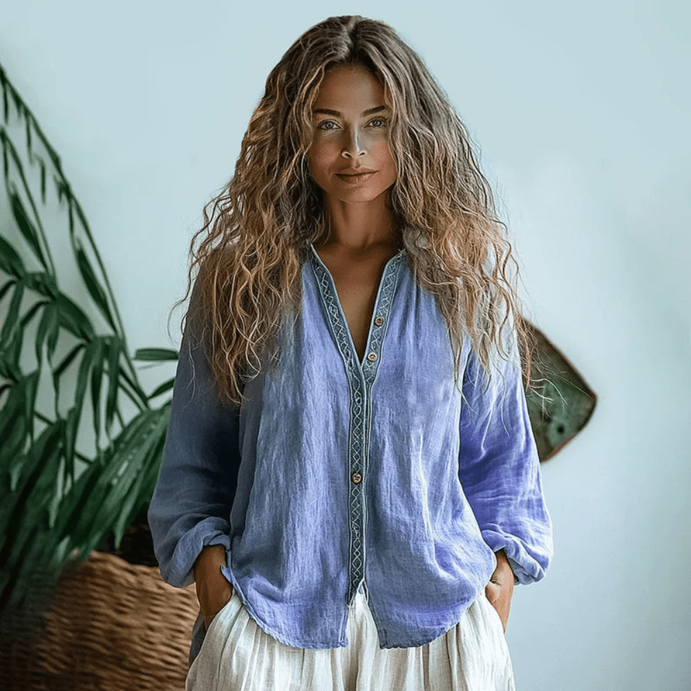 Women's relaxed long sleeve V-neck shirt with decorative front trim and buttons