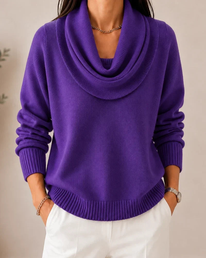 Women's long-sleeve cowl-neck knit jumper with ribbed cuffs and hem