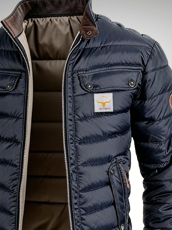 Men's navy quilted padded jacket with stand collar and zip fastening