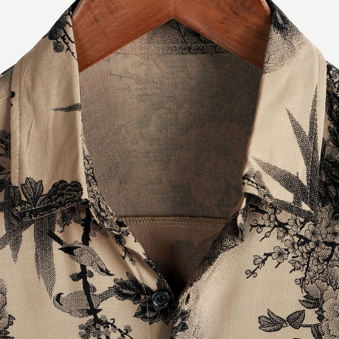 Men's beige short sleeve shirt with dark floral botanical print