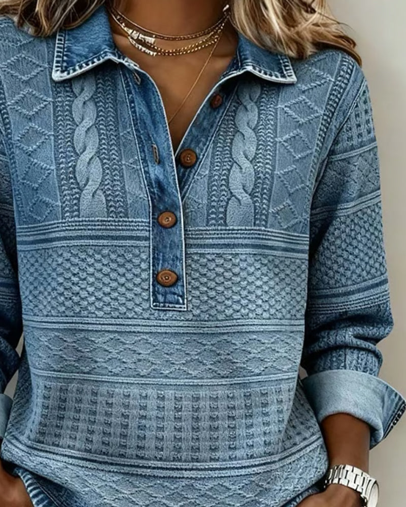 Women's textured collared knit jumper with long sleeves and button placket