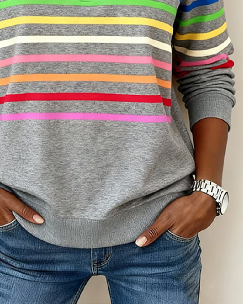 Women's striped quarter-zip sweatshirt with mock neck and long sleeves