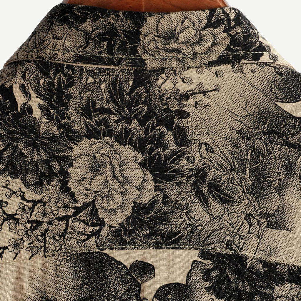 Men's beige short sleeve shirt with dark floral botanical print