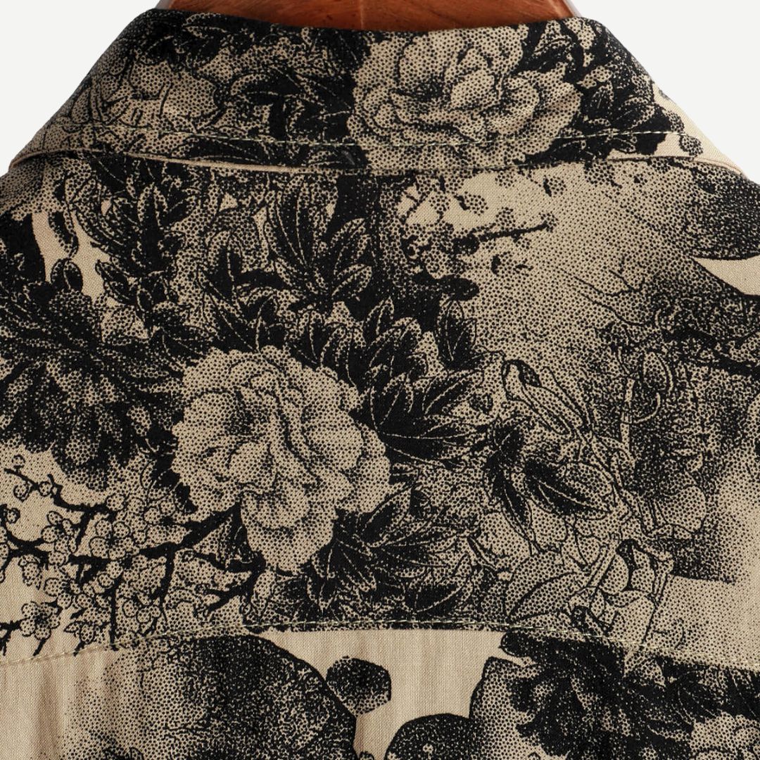 Men's beige short sleeve shirt with dark floral botanical print