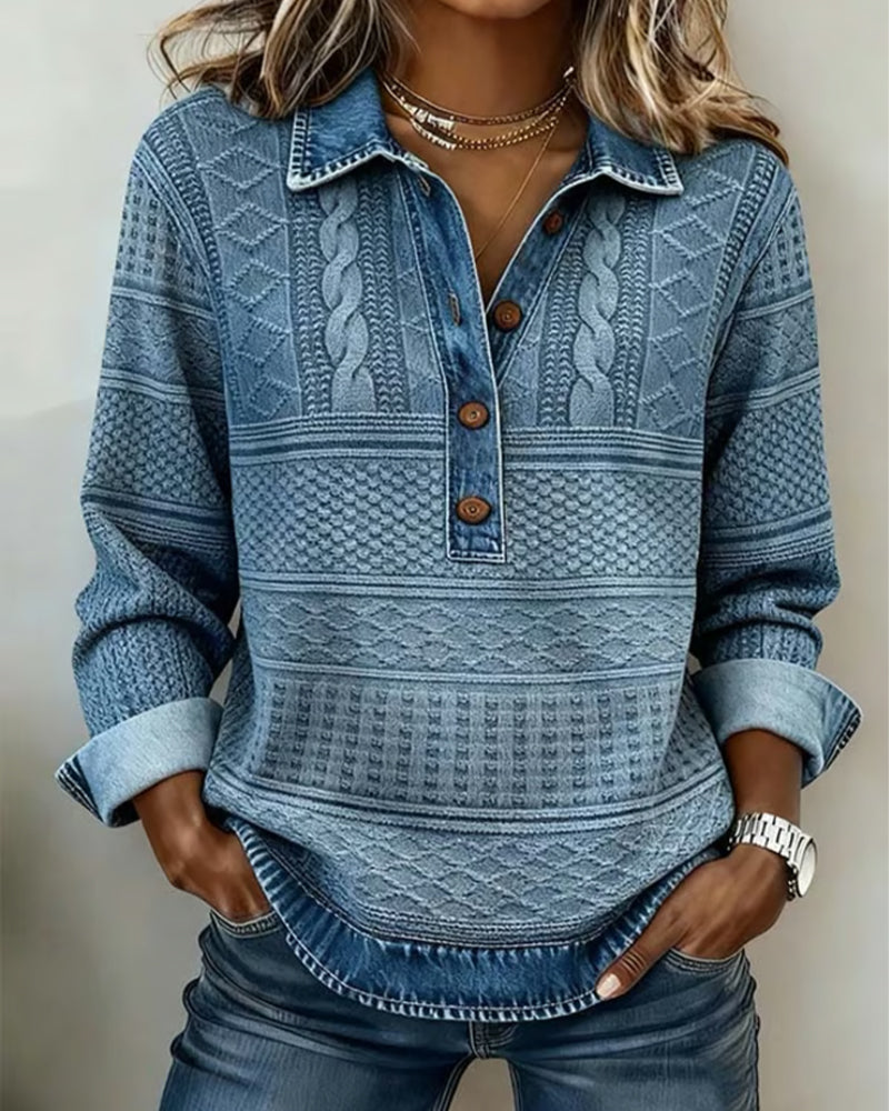 Women's textured collared knit jumper with long sleeves and button placket