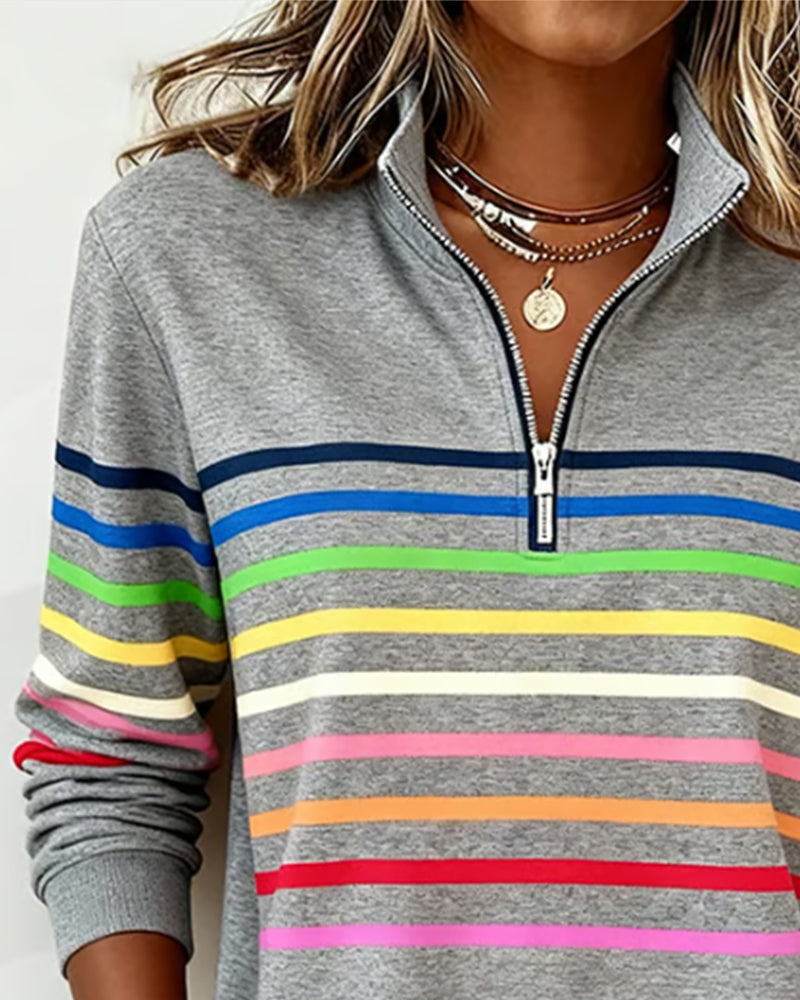Women's striped quarter-zip sweatshirt with mock neck and long sleeves