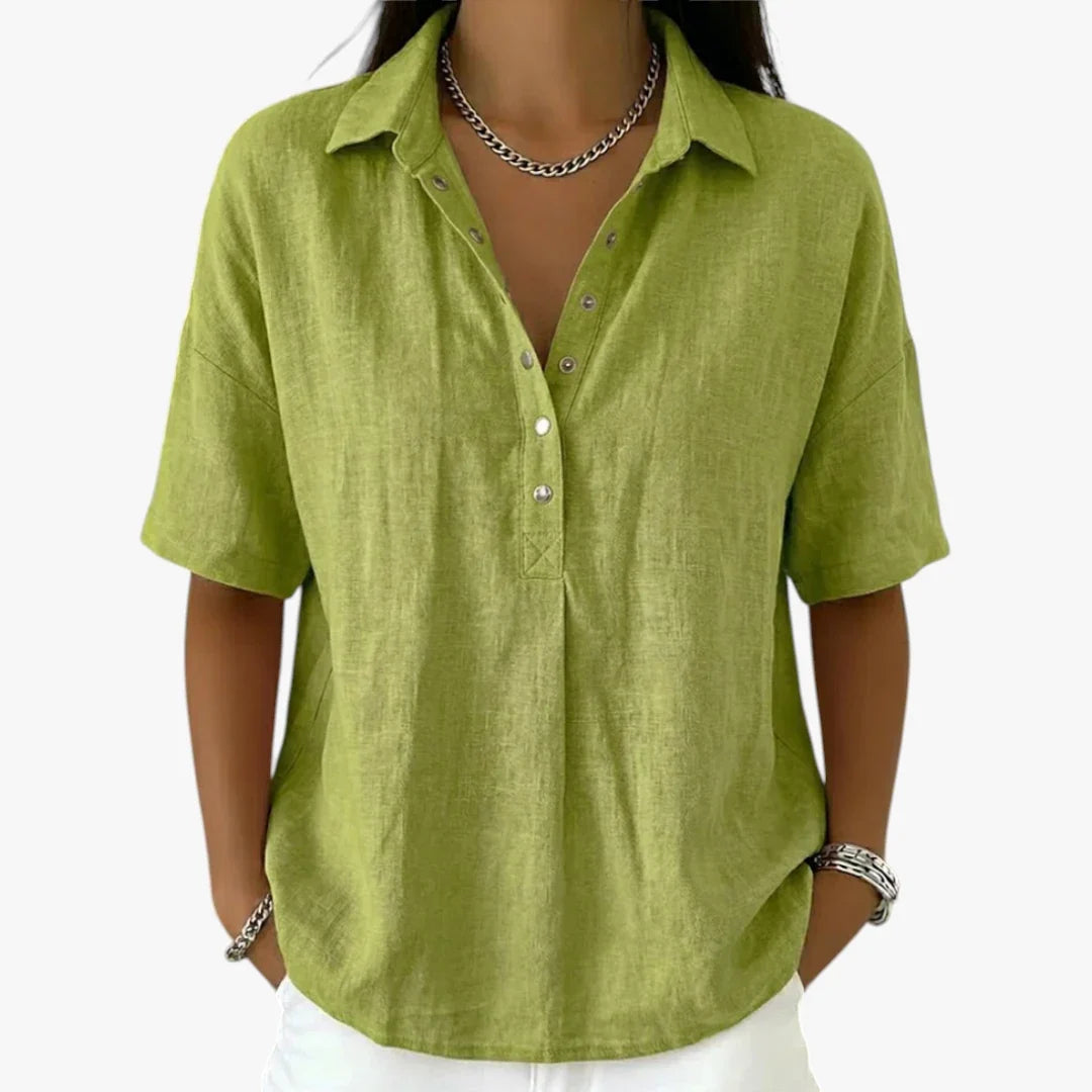 Women's oversized short sleeve collared blouse with button front and rounded hem