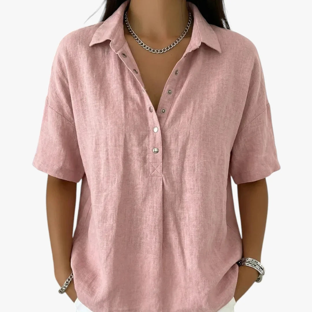Women's oversized short sleeve collared blouse with button front and rounded hem