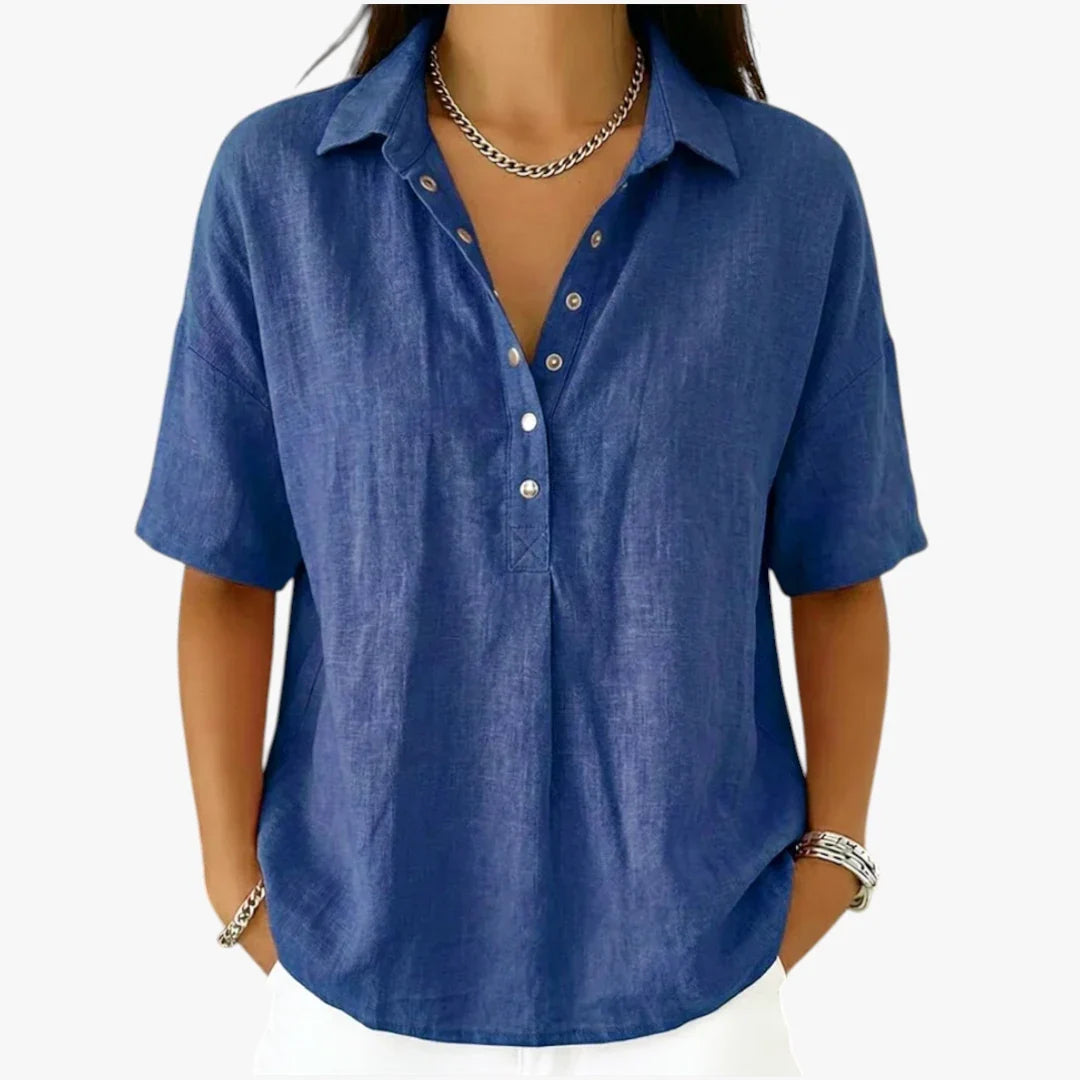 Women's oversized short sleeve collared blouse with button front and rounded hem
