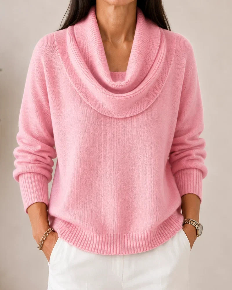 Women's long-sleeve cowl-neck knit jumper with ribbed cuffs and hem