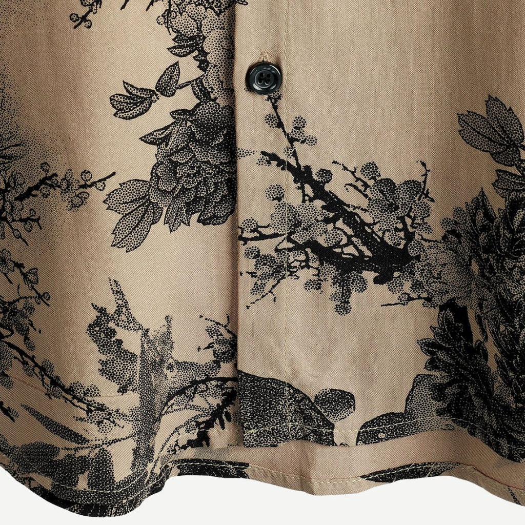 Men's beige short sleeve shirt with dark floral botanical print