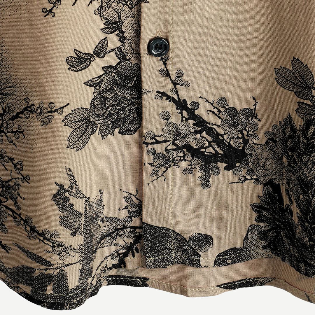 Men's beige short sleeve shirt with dark floral botanical print