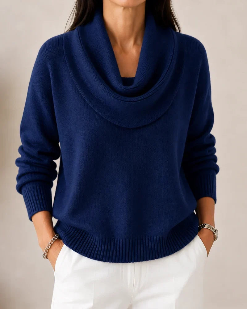 Women's long-sleeve cowl-neck knit jumper with ribbed cuffs and hem