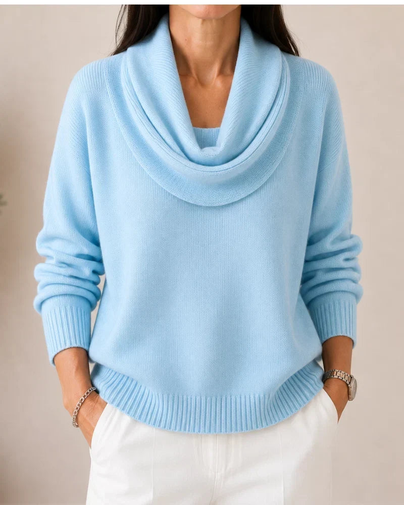 Women's long-sleeve cowl-neck knit jumper with ribbed cuffs and hem