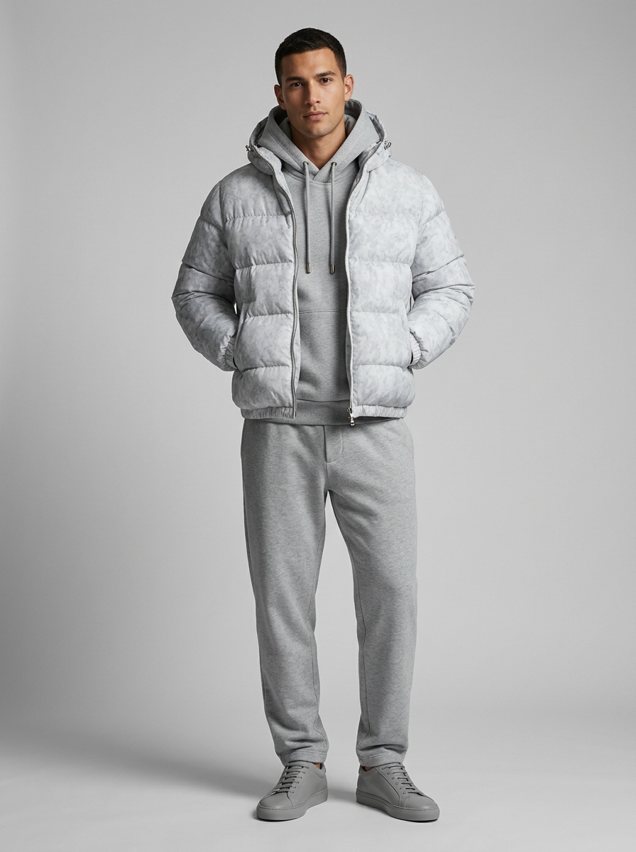 Men's hooded quilted puffer jacket with zip front and slanted pockets