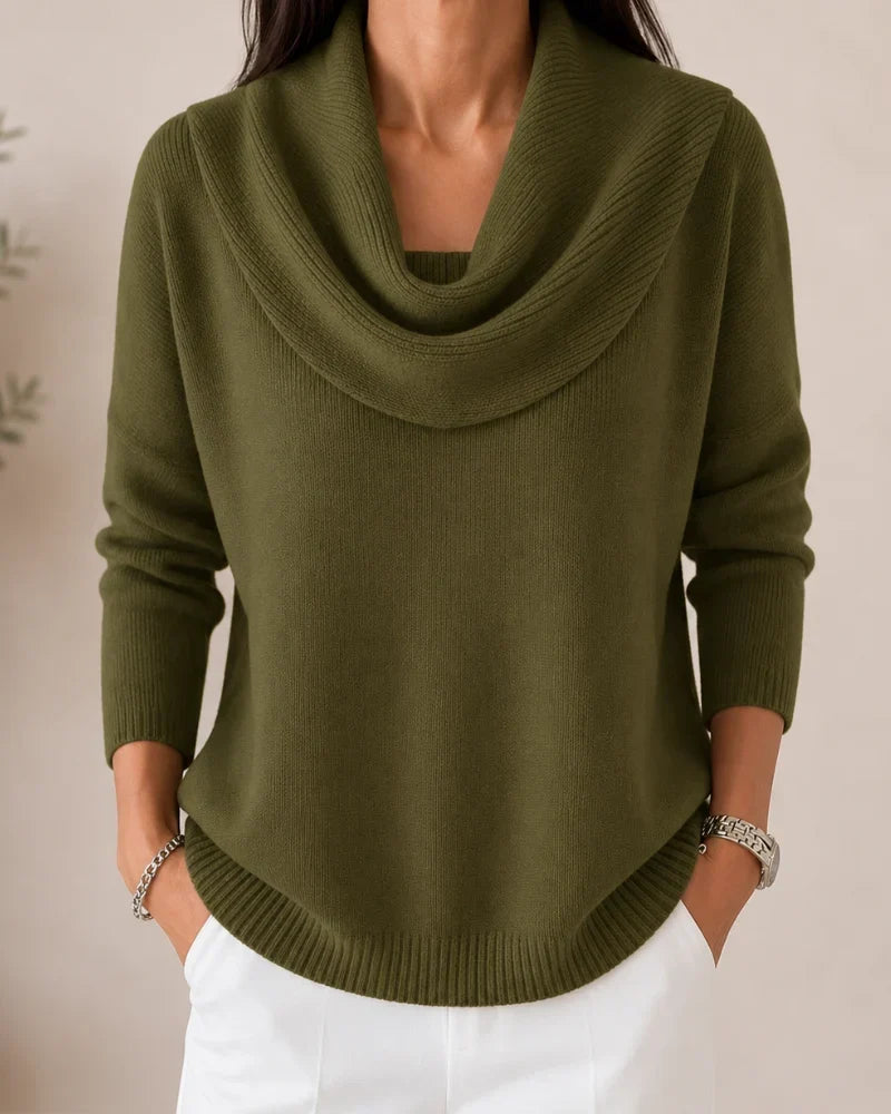 Women's long-sleeve cowl-neck knit jumper with ribbed cuffs and hem