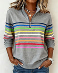Women's striped quarter-zip sweatshirt with mock neck and long sleeves