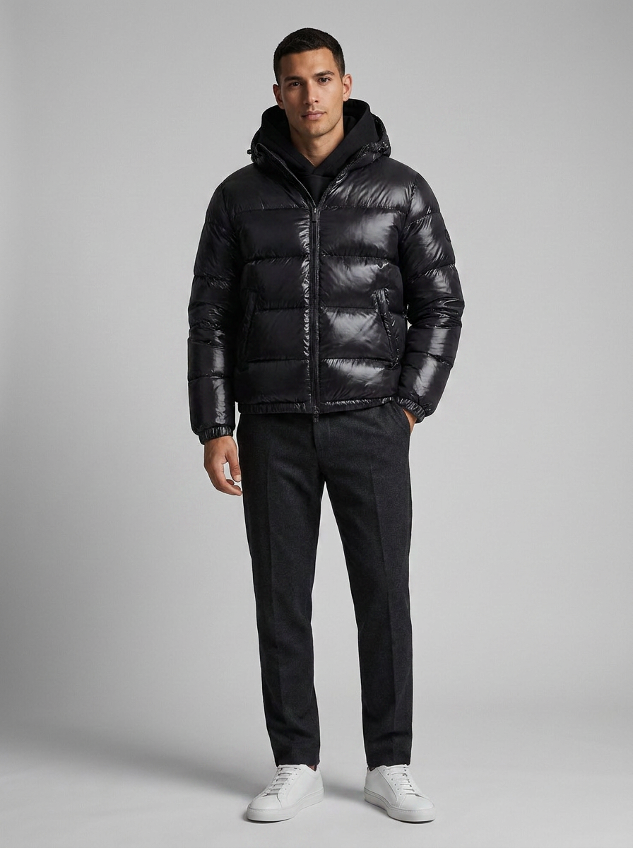 Men's hooded quilted puffer jacket with zip front and slanted pockets