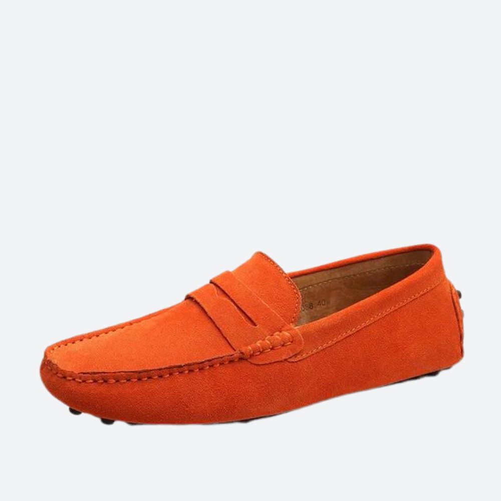 Men's moc toe loafers with penny strap and stitched apron detail
