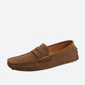 Men's moc toe loafers with penny strap and stitched apron detail
