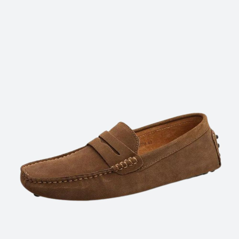 Men's moc toe loafers with penny strap and stitched apron detail