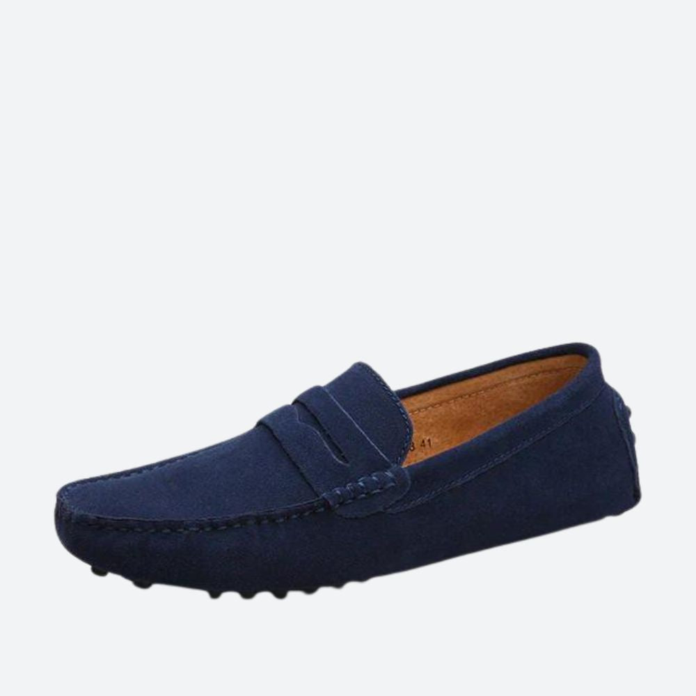 Men's moc toe loafers with penny strap and stitched apron detail
