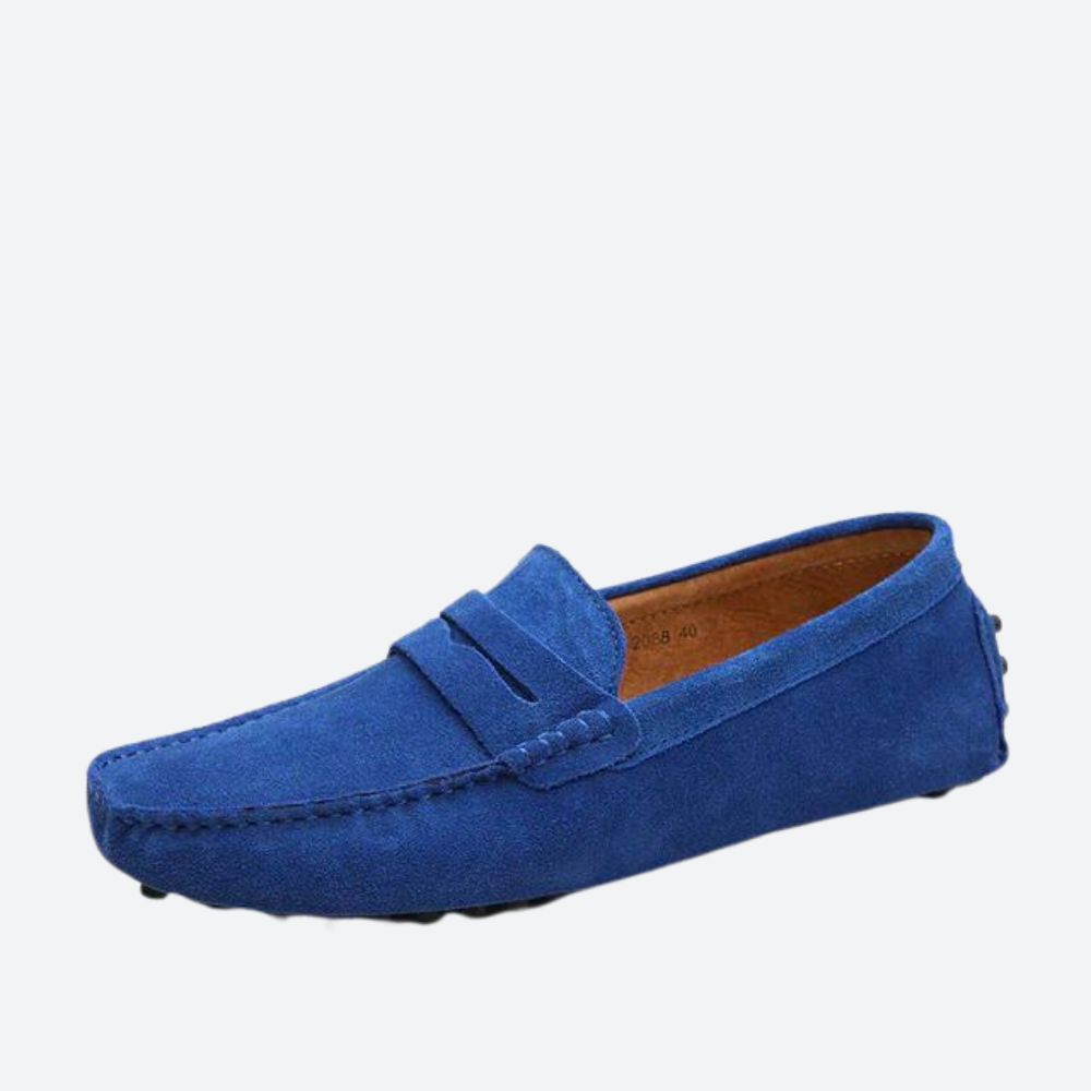 Men's moc toe loafers with penny strap and stitched apron detail