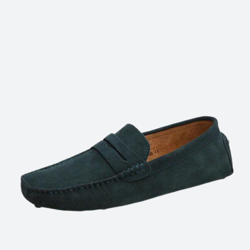 Men's moc toe loafers with penny strap and stitched apron detail